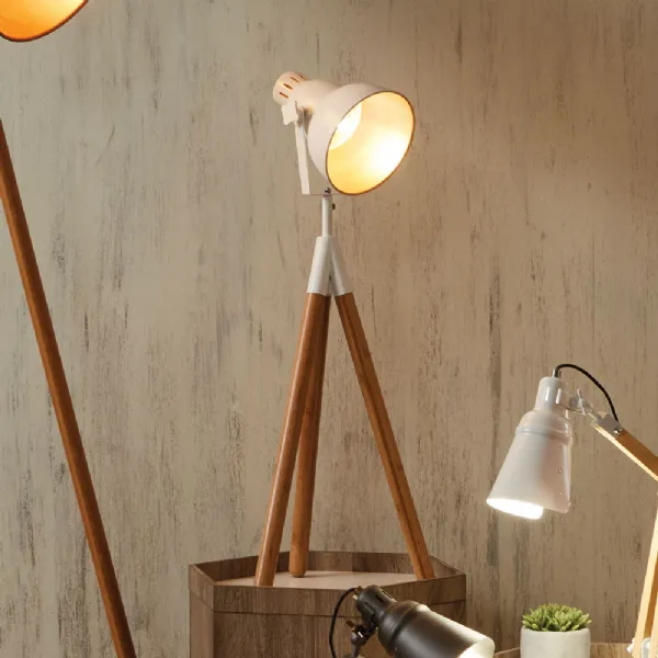 White Metal and Natural Bamboo Wood Tripod Table Film Light