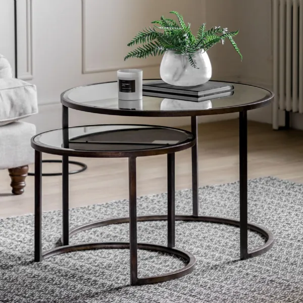 Glass Metal Round Nest Of 2 Coffee Tables Black Metal Base