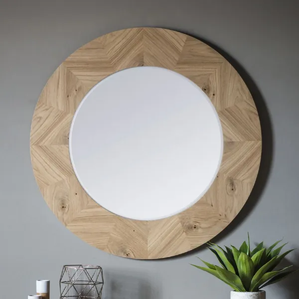 Oak Wood Chevron Inlay Round Wall Mirror 90cm Diameter