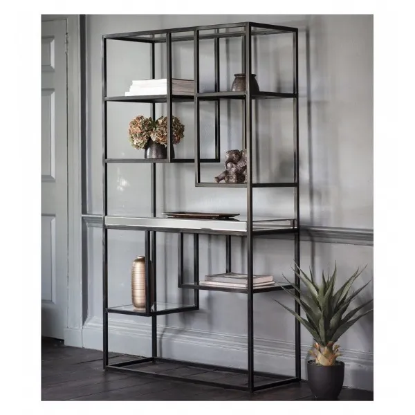 Black Metal and Mirrored Shelves Open Display Shelving Unit