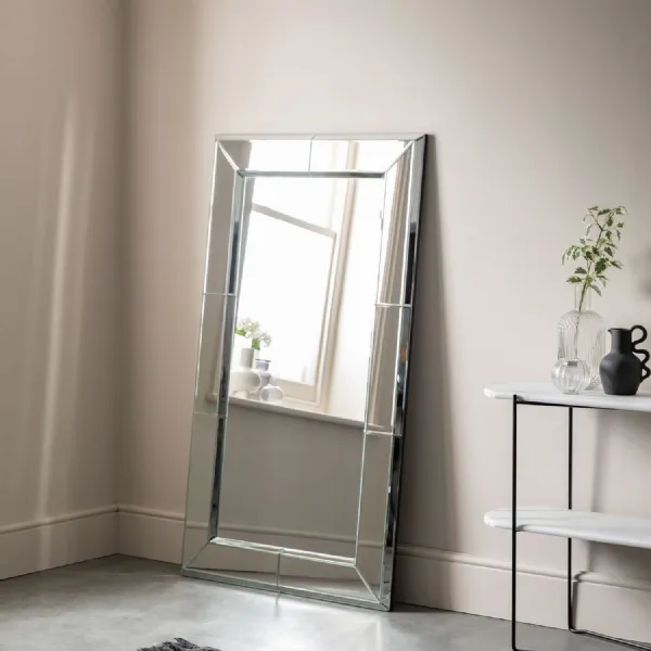 Silver Mirrored Glass Framed Leaner Wall Mirror