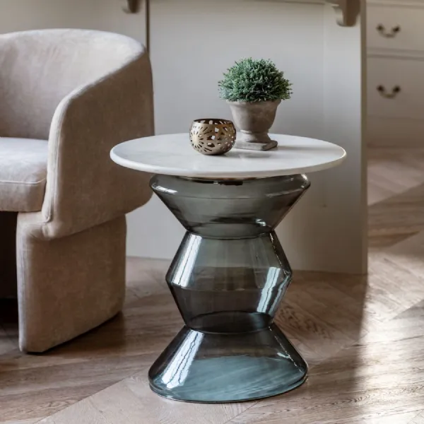 White Marble Top Round Side Table Geometric Smoked Glass Base