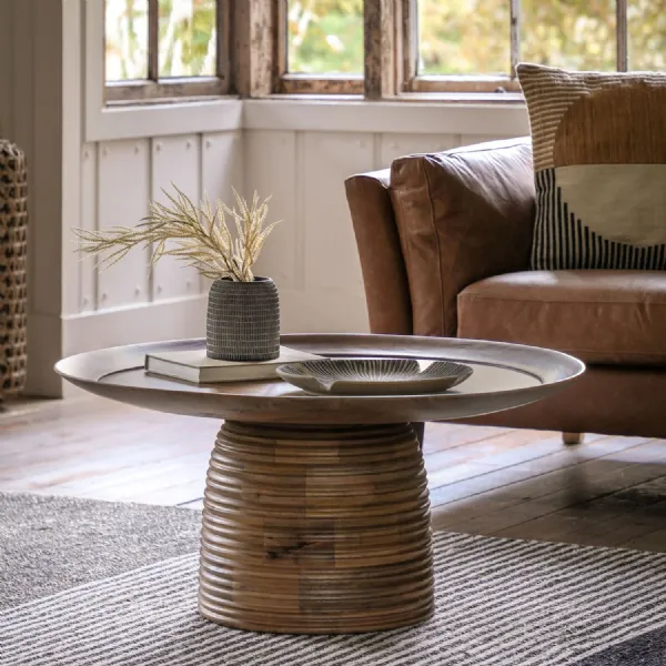 Natural Wood Round Coffee Table Overhanging Tray Top