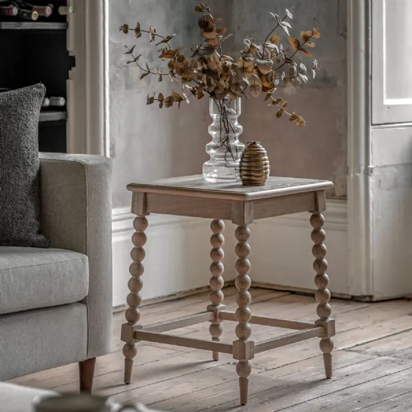 Natural Oak Square Side Lamp Table Turned Bobbin Legs