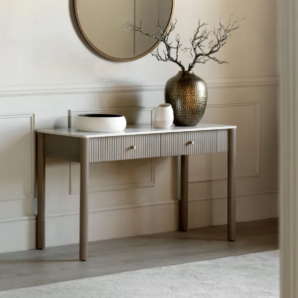 White Marble Top Greywash Wood Ribbed 2 Drawer Console Table