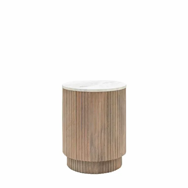 Grey Wash Wood Round Side Table White Marble Top