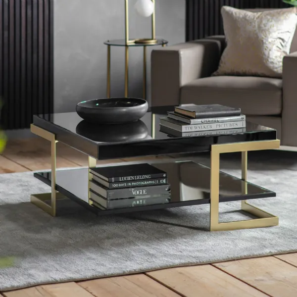 Black and Gold 90cm Square Glass Top Coffee Table