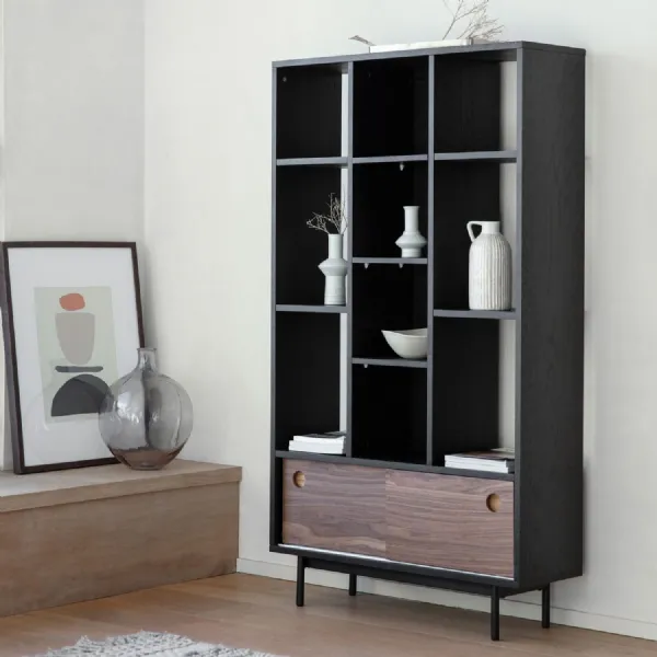 Black And Walnut Wood Open Display Cabinet Metal Legs