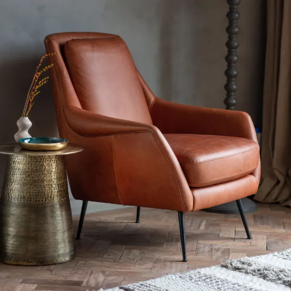 Brown Leather Armchair Black Metal Legs