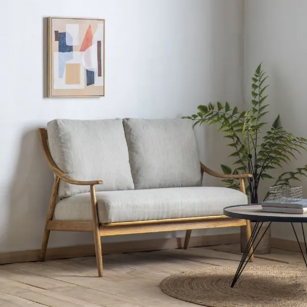 Grey Linen Fabric 2 Seater Sofa Oak Wood Framed - Home Living