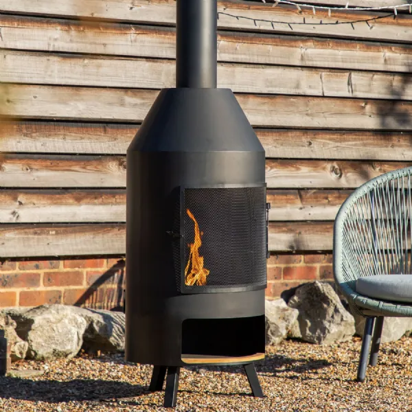 Black Metal and Teak Wood Outdoor Chiminea with Pizza Shelf