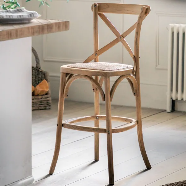 French Natural Oak Wooden Bistro Bar Stool with Rattan Seat