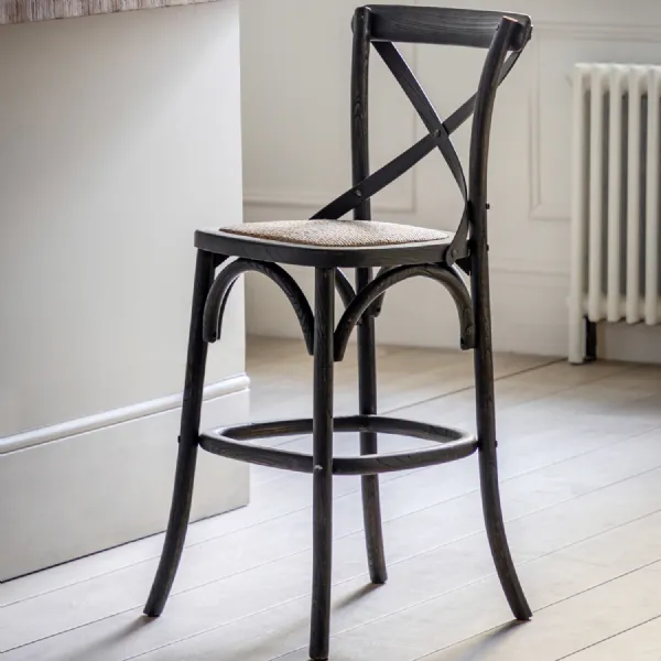 Black Painted French Bistro Wooden Bar Stool Rattan Seat