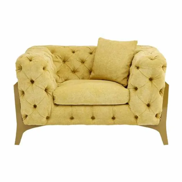 Esme Yellow Fabric Deep Buttoned Armchair With Gold Finish Metal Legs