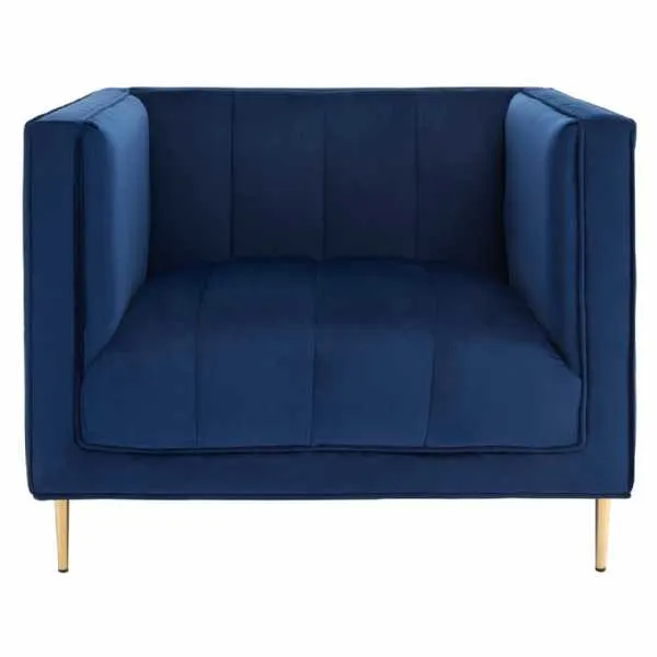 Modern Otylia Deep Blue Velvet Fabric Armchair With Gold Metal Feet