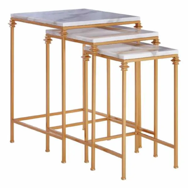 Avantis Set Of 3 Square Marble Gold Finish Metal Nesting Side Tables