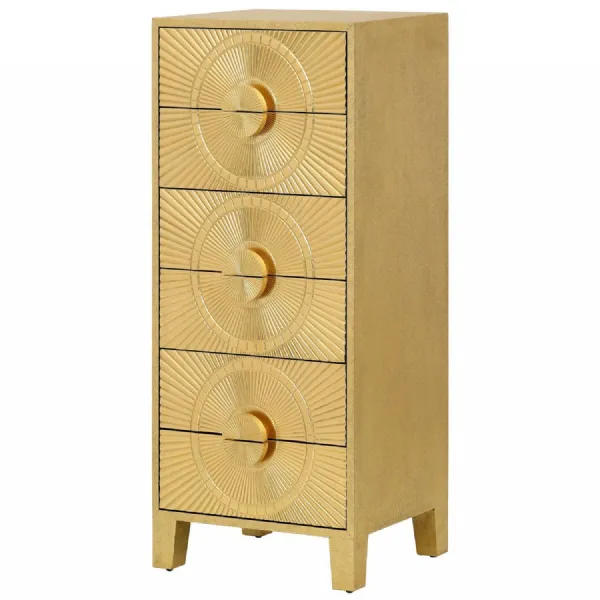 Gold Embossed Metal Tall Boy Chest of 6 Drawers