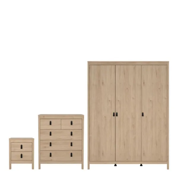 Barcelona Package Bedside Table 2 Drawers + Chest 5 Drawer + 2 Door Wardrobe in Jackson Hickory Oak