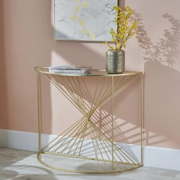 Gold Metal Half Moon Console Hall Table with Glass Top