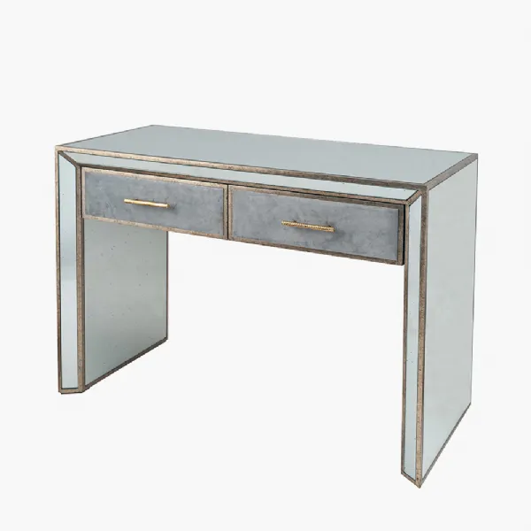 Mirrored Glass Console Table Grey Velvet Drawers