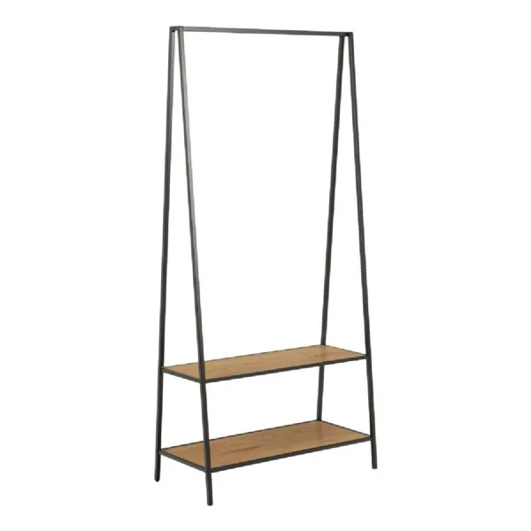 Seaford Black Metal Clothes Rack with 2 Oak Shelves