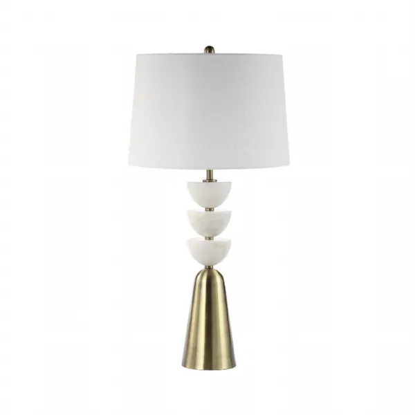 90. 5cm White Marble And Antique Brass Metal Table Lamp With White Linen Shade