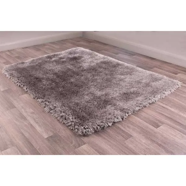 Modern Mayfair Plain Silver Polyester Shaggy Hand Made Rectangular Floor Rug 160x230cm