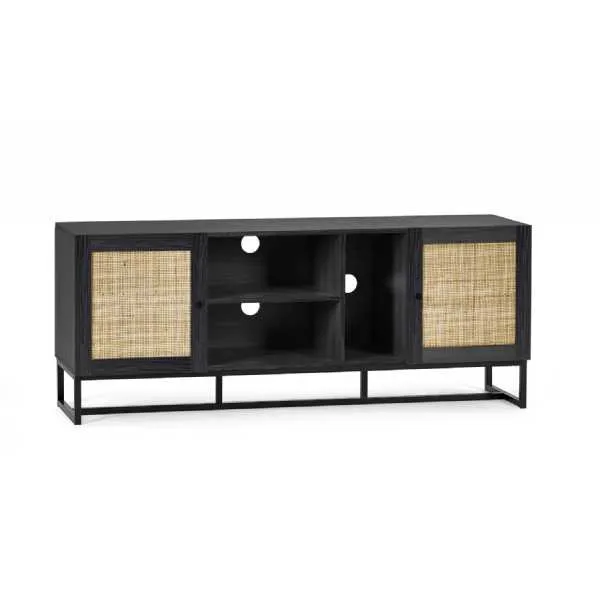 Industrial Style Black TV Media Unit with Natural Rattan Door Fronts