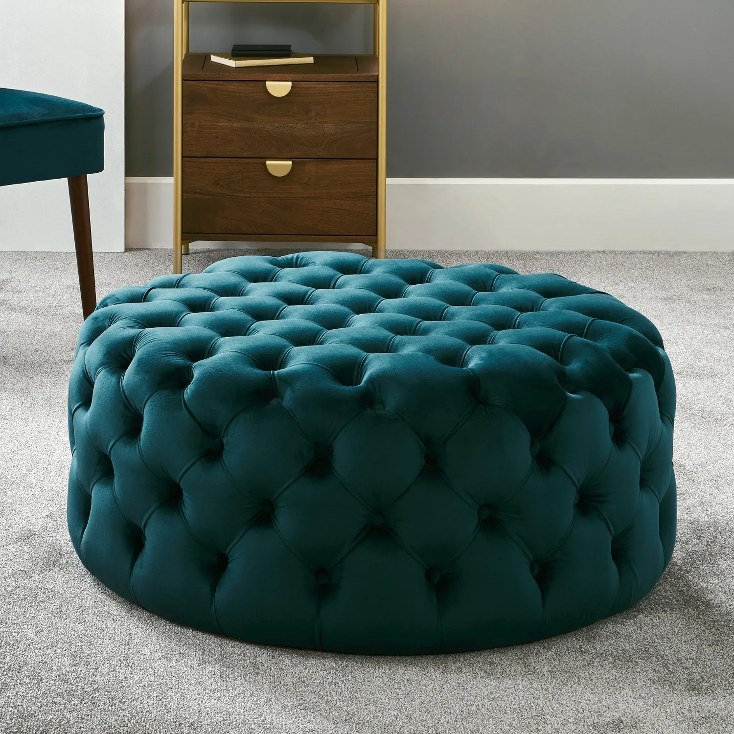 Aqua Blue Velvet 90cm Round Buttoned Pouffe