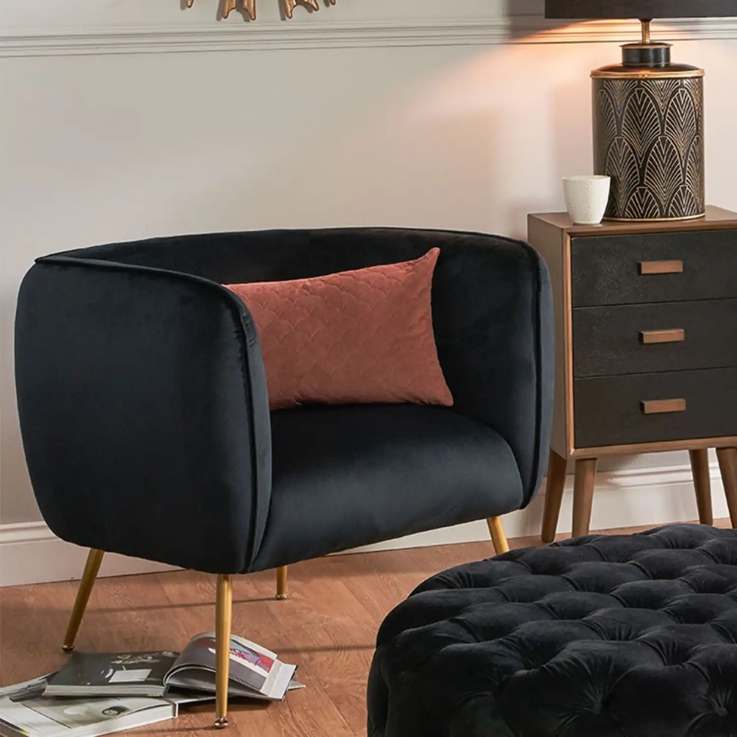 Retro Black Velvet Upholstery Tub Chair with Gold Legs