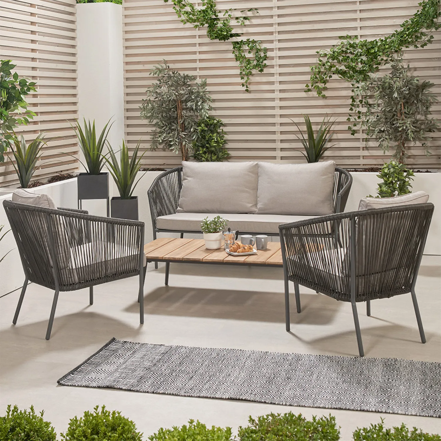 Grey Poly Rope Outdoor Lounge Sofa Set with Coffee Table