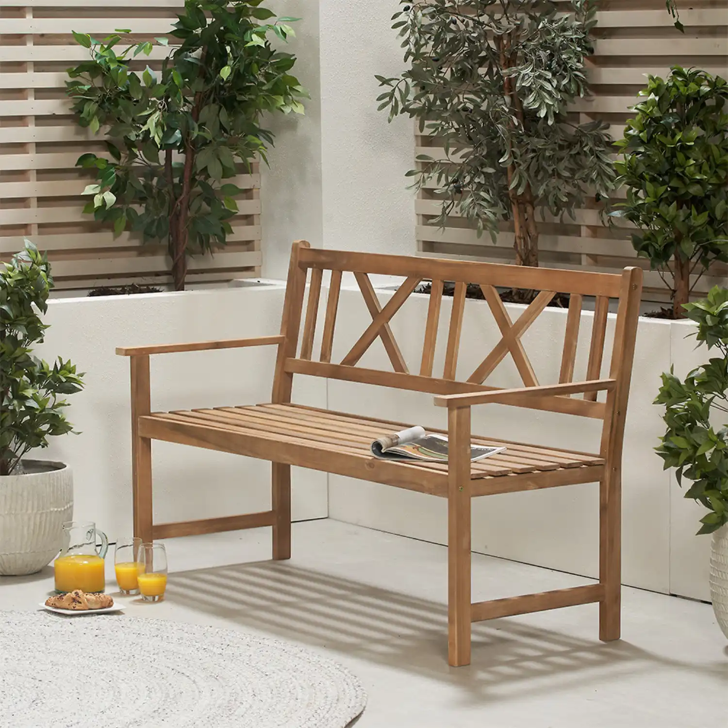 Light Teak Wooden Garden Rectangle 150cm 3 Seater Bench