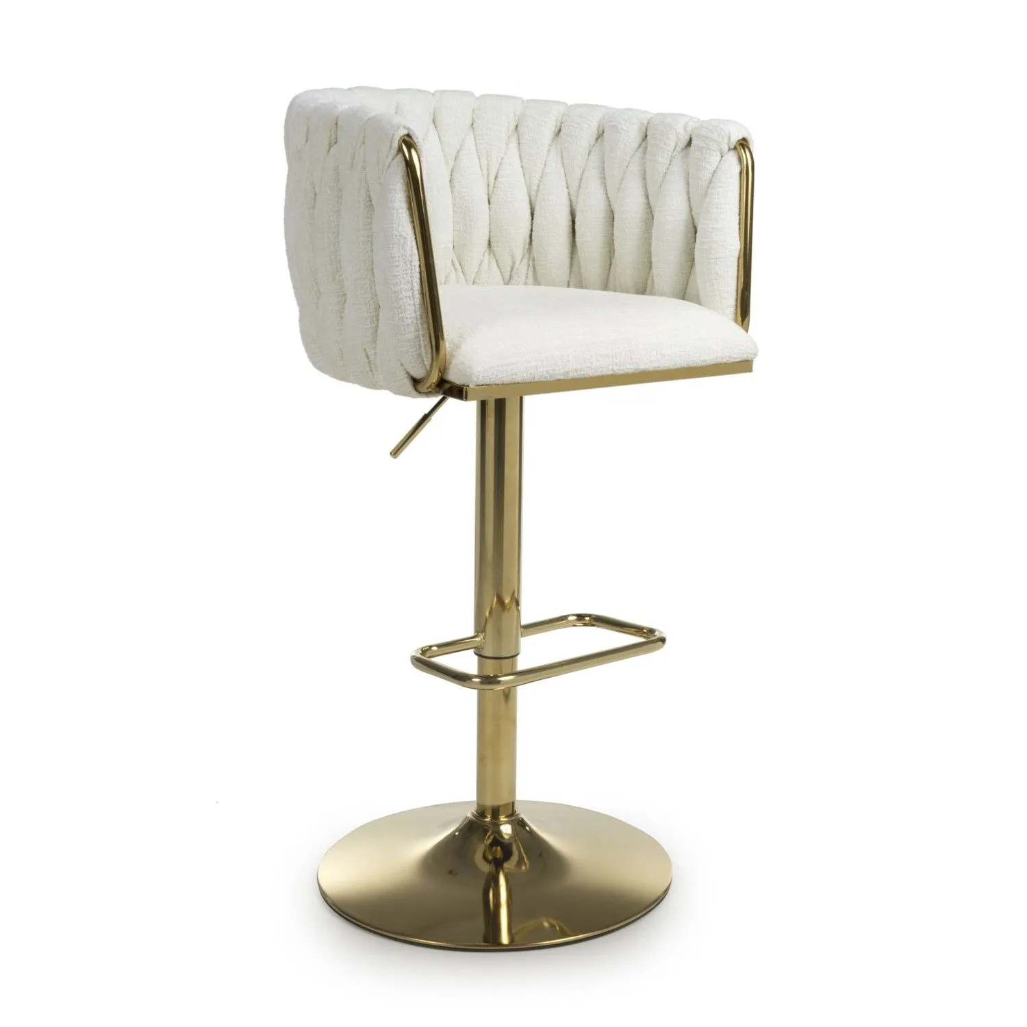 Cream Linen Fabric Adjustable Swivel Bar Stool Gold Legs