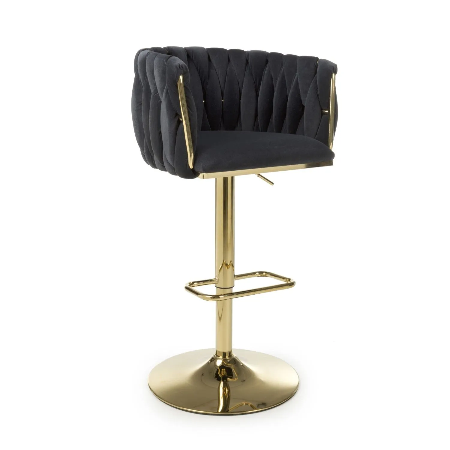 Black Velvet Fabric Adjustable Swivel Bar Stool Gold Legs