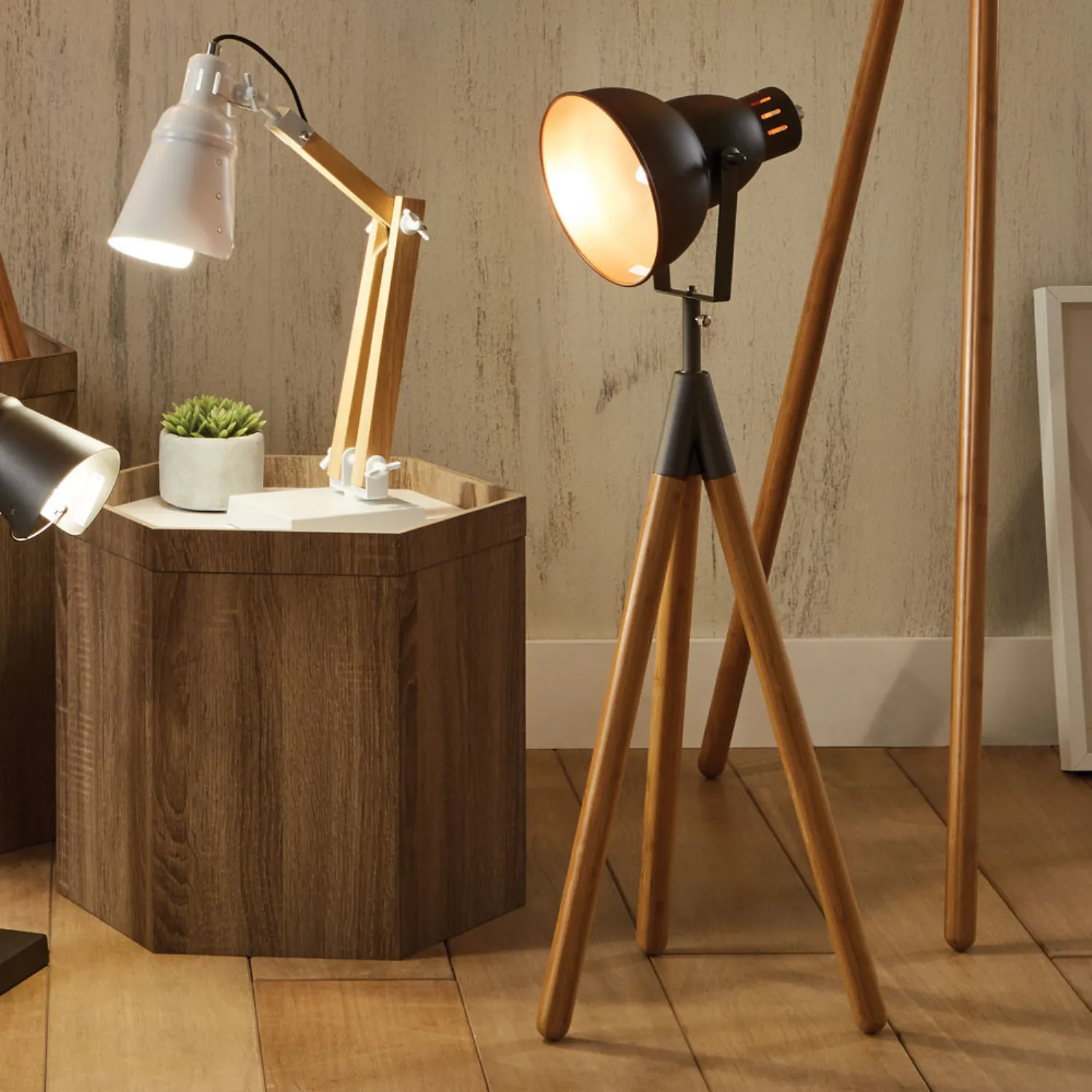 Natural Bamboo Wood and Grey Metal Tripod Film Table Lamp