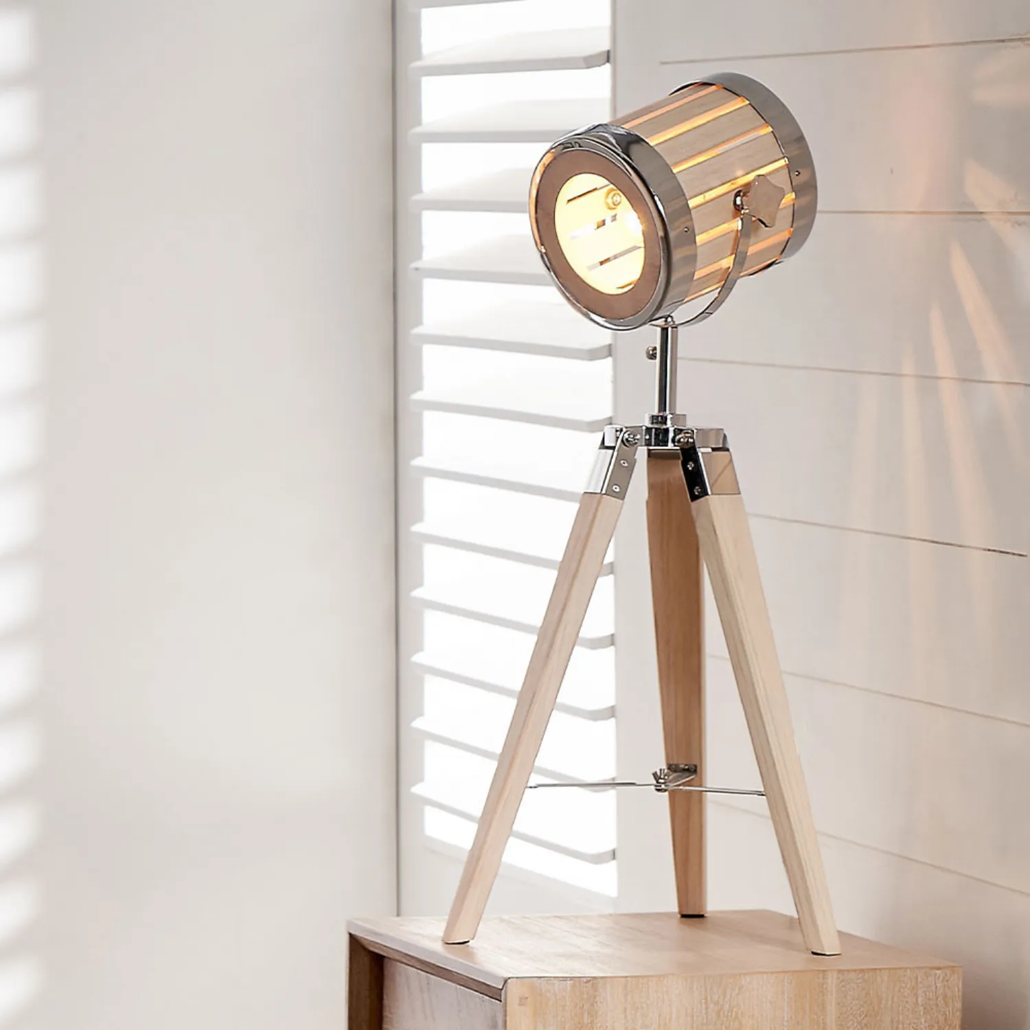 Natural Wood and Silver Metal Marine Tripod Table Lamp