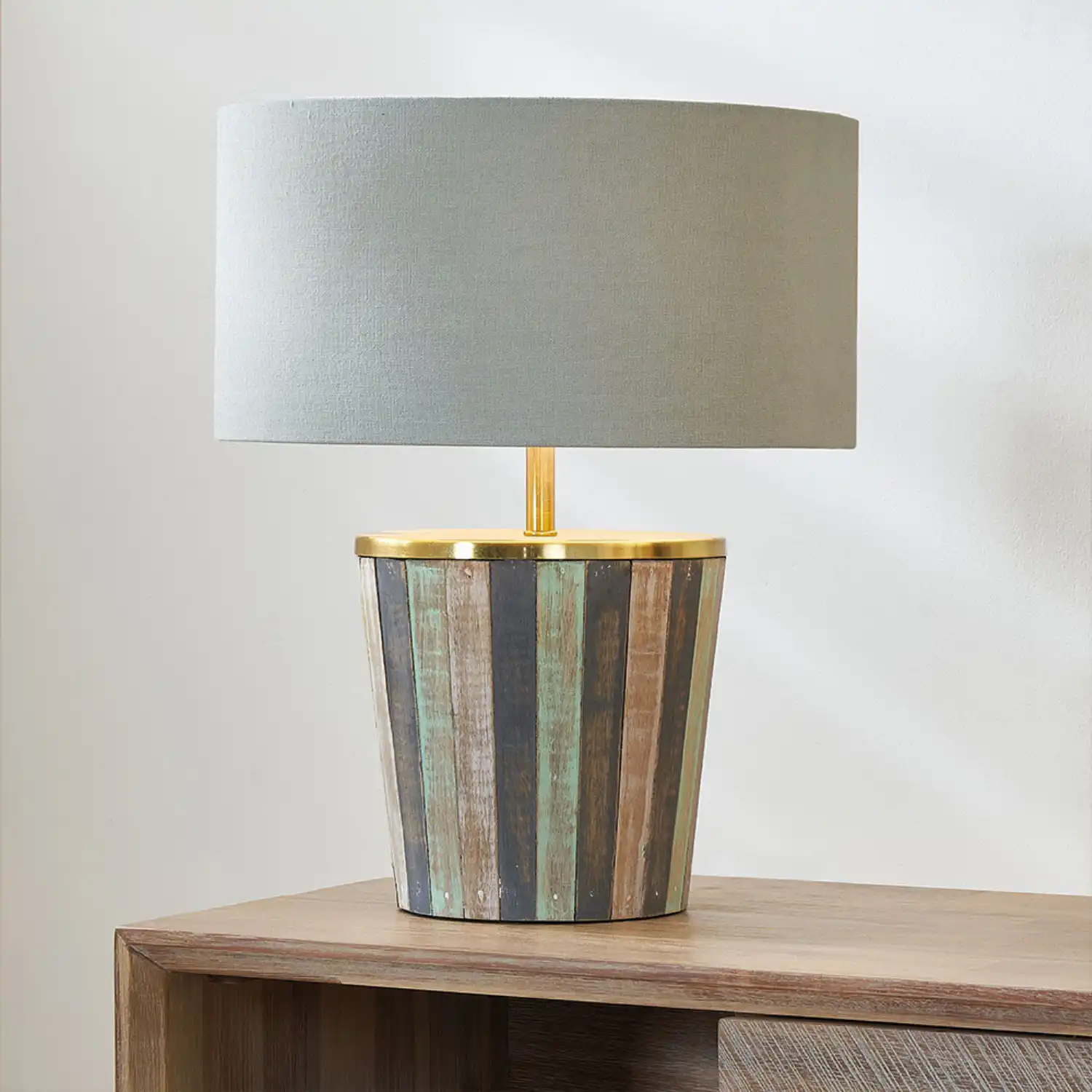 Rustic Multicoloured Wood Table Lamp Grey Cotton Shade