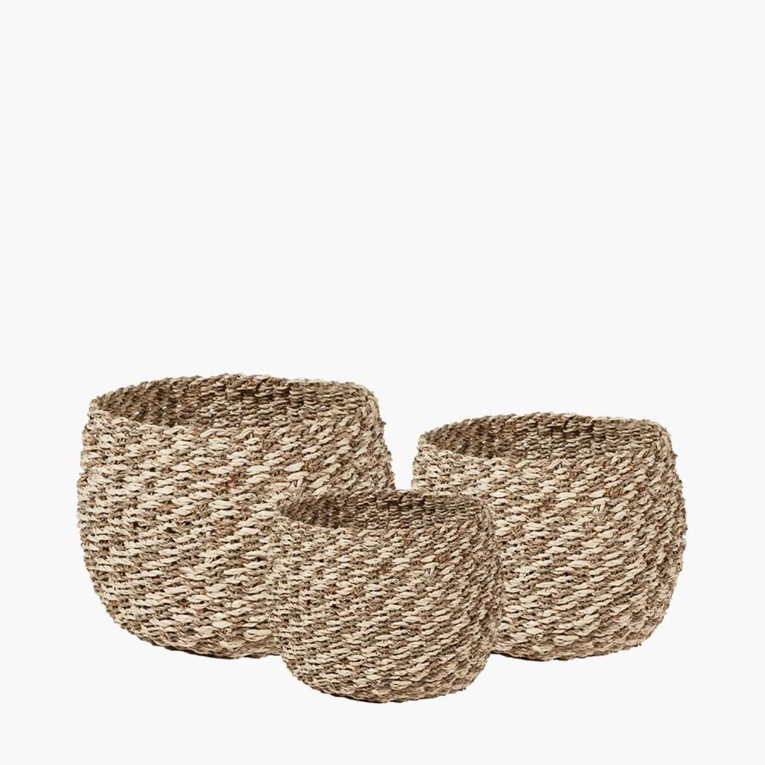 S 3 Woven 2Tone Natural Seagrass and Palm Leaf Plaited Round Baskets