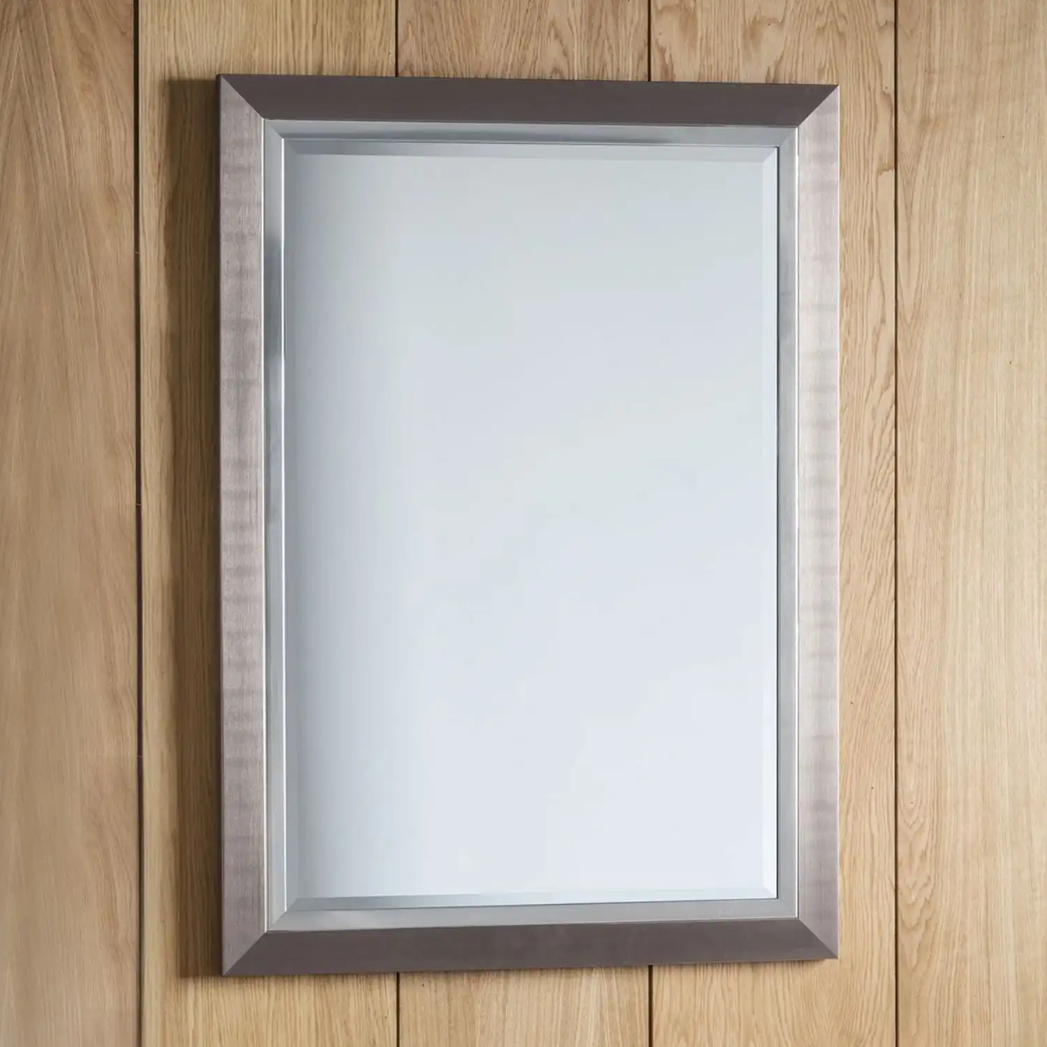 Brushed Metal And Chrome Effect Rectangle Bevelled Modern Wall Mirror 106 x 76cm