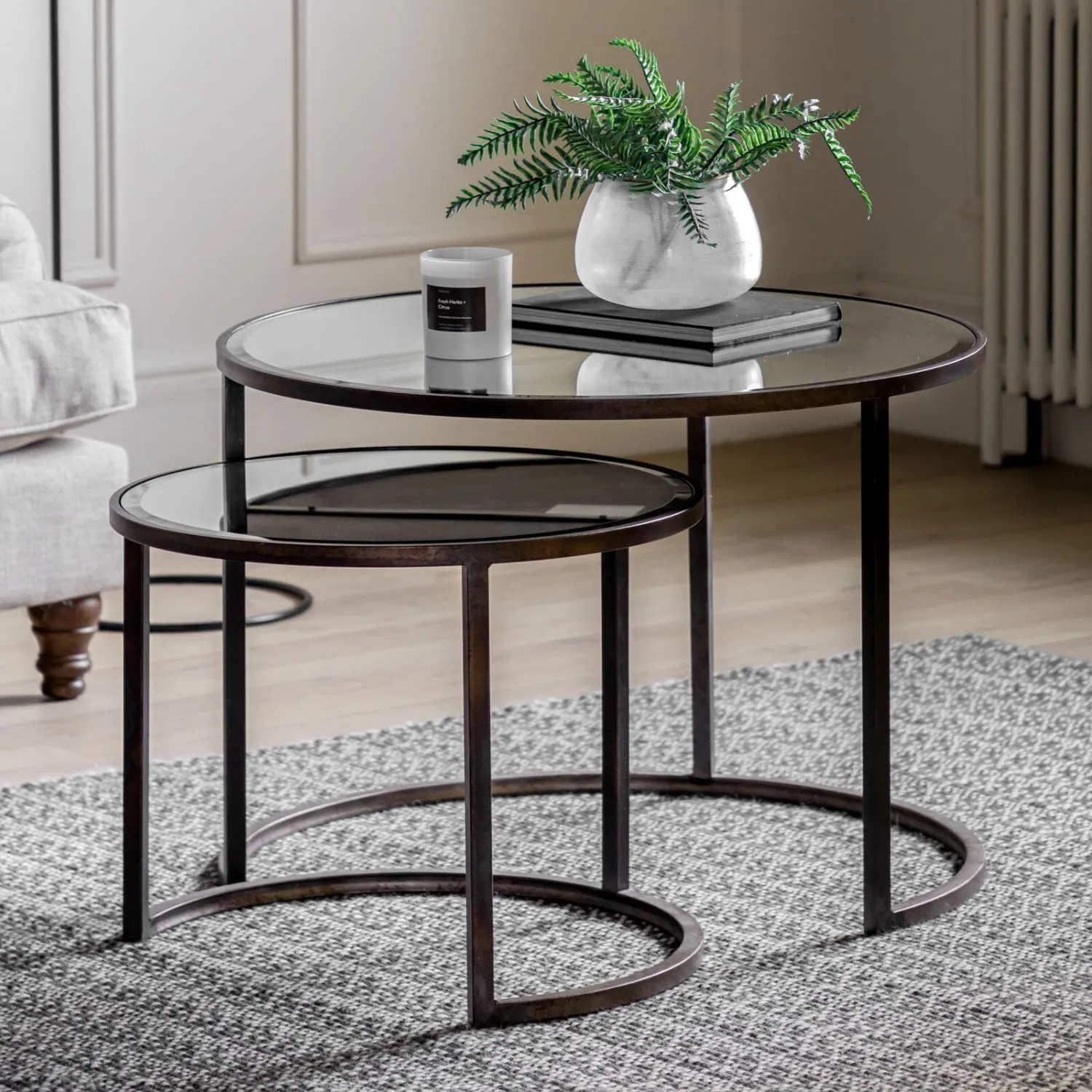 Glass Metal Round Nest Of 2 Coffee Tables Black Metal Base
