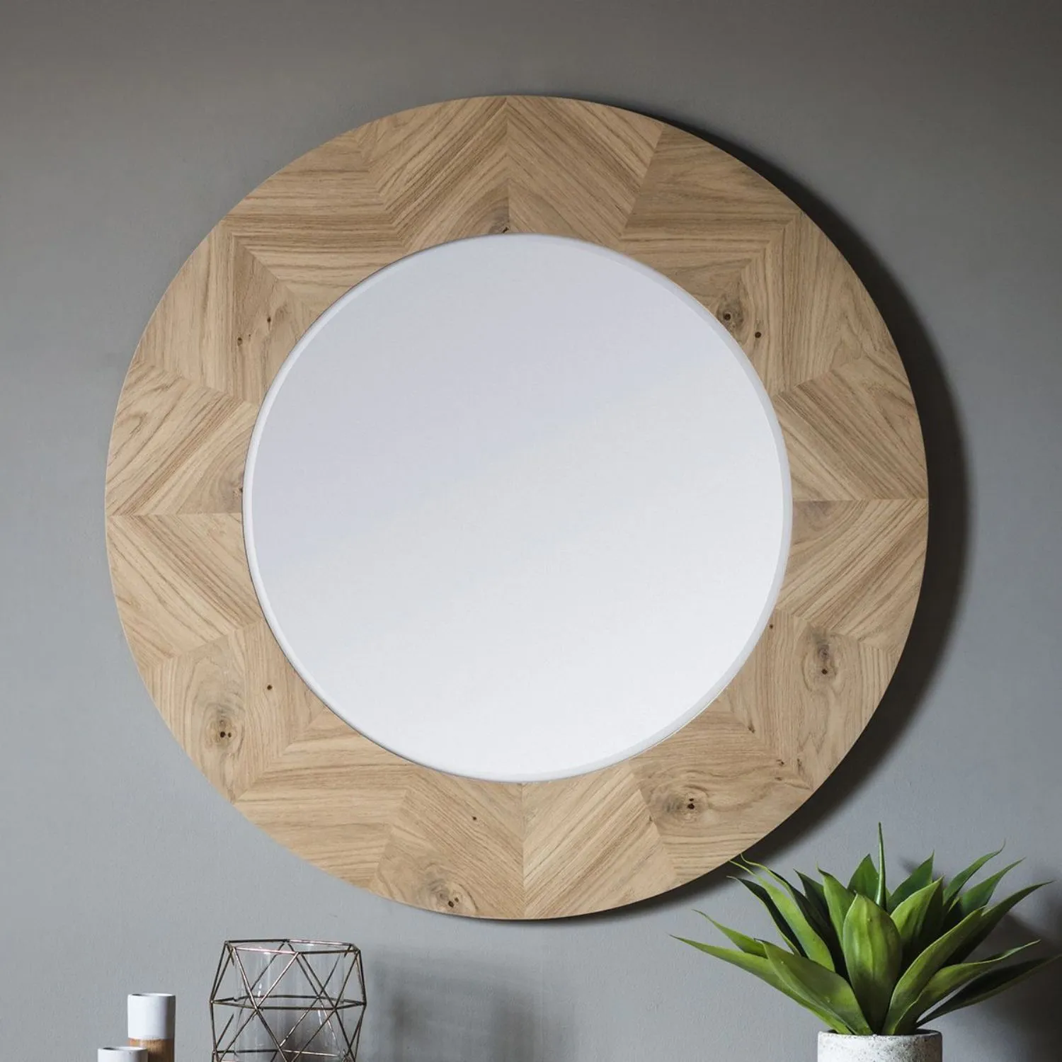 Oak Wood Chevron Inlay Round Wall Mirror 90cm Diameter