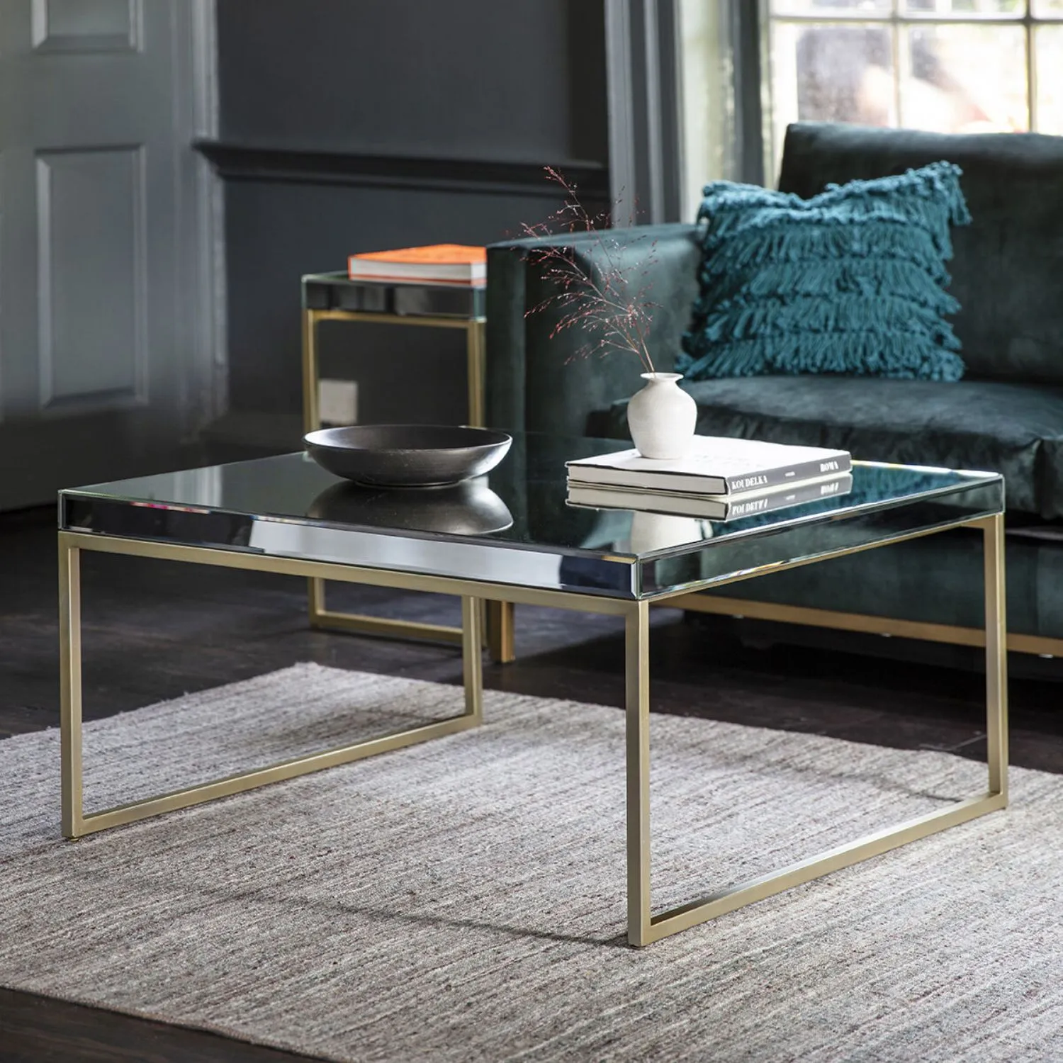 Mirrored Glass Gold Metal Frame 90cm Square Coffee Table