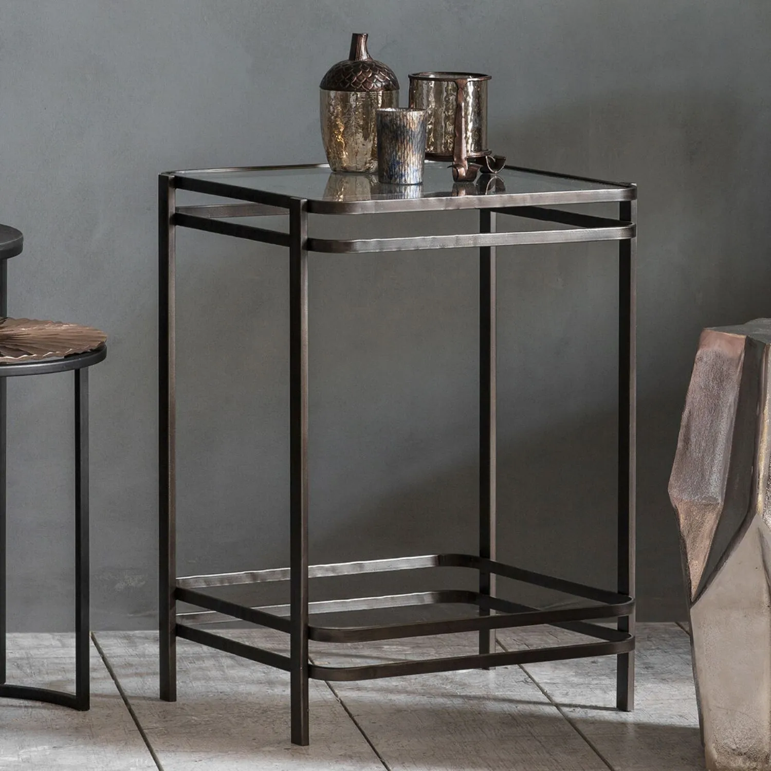 Bronze Metal Side Square Lamp End Table with Glass Top