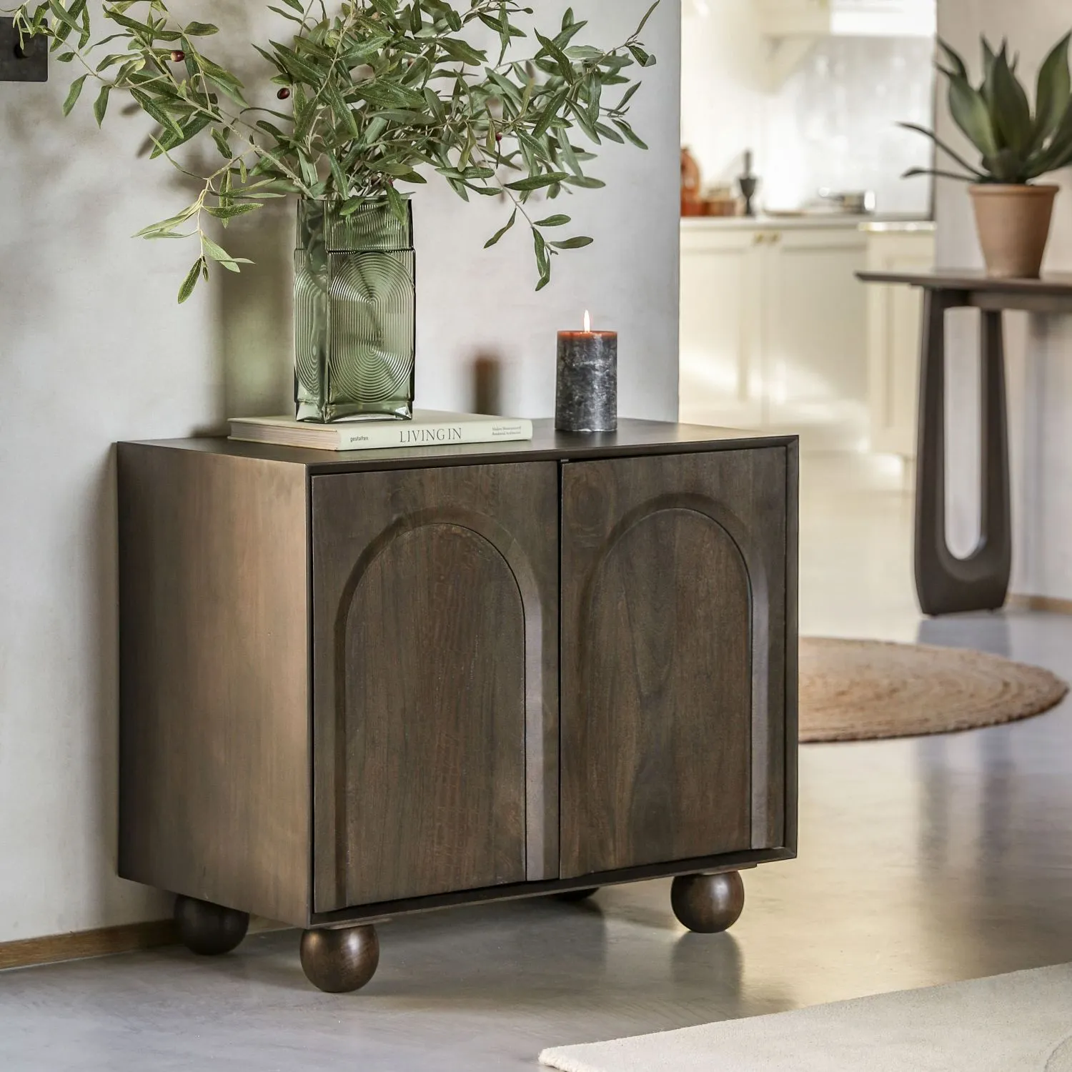 Retro Dark Walnut Wooden Arch Designed 2 Door Sideboard