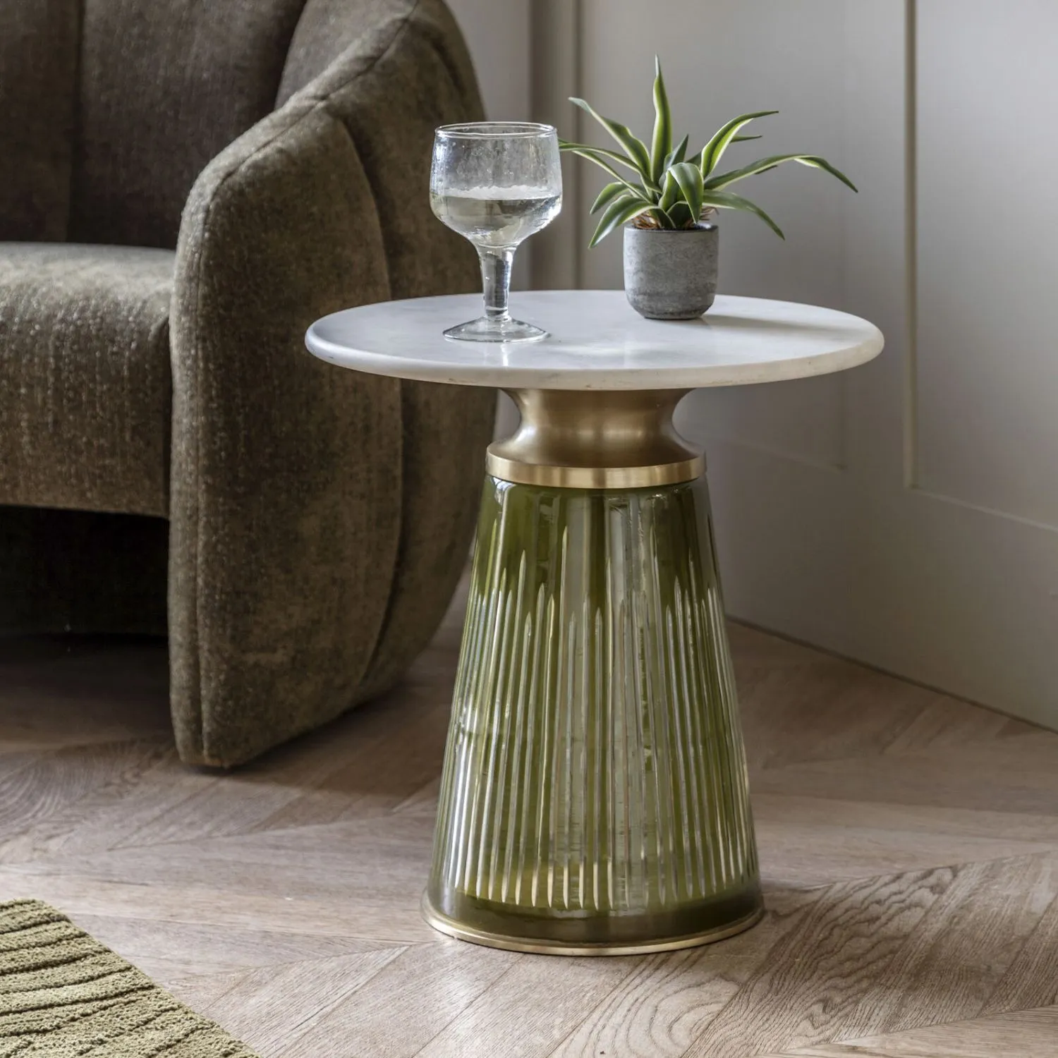 White Marble Top Round Golden Dusk Glass Base Side Table