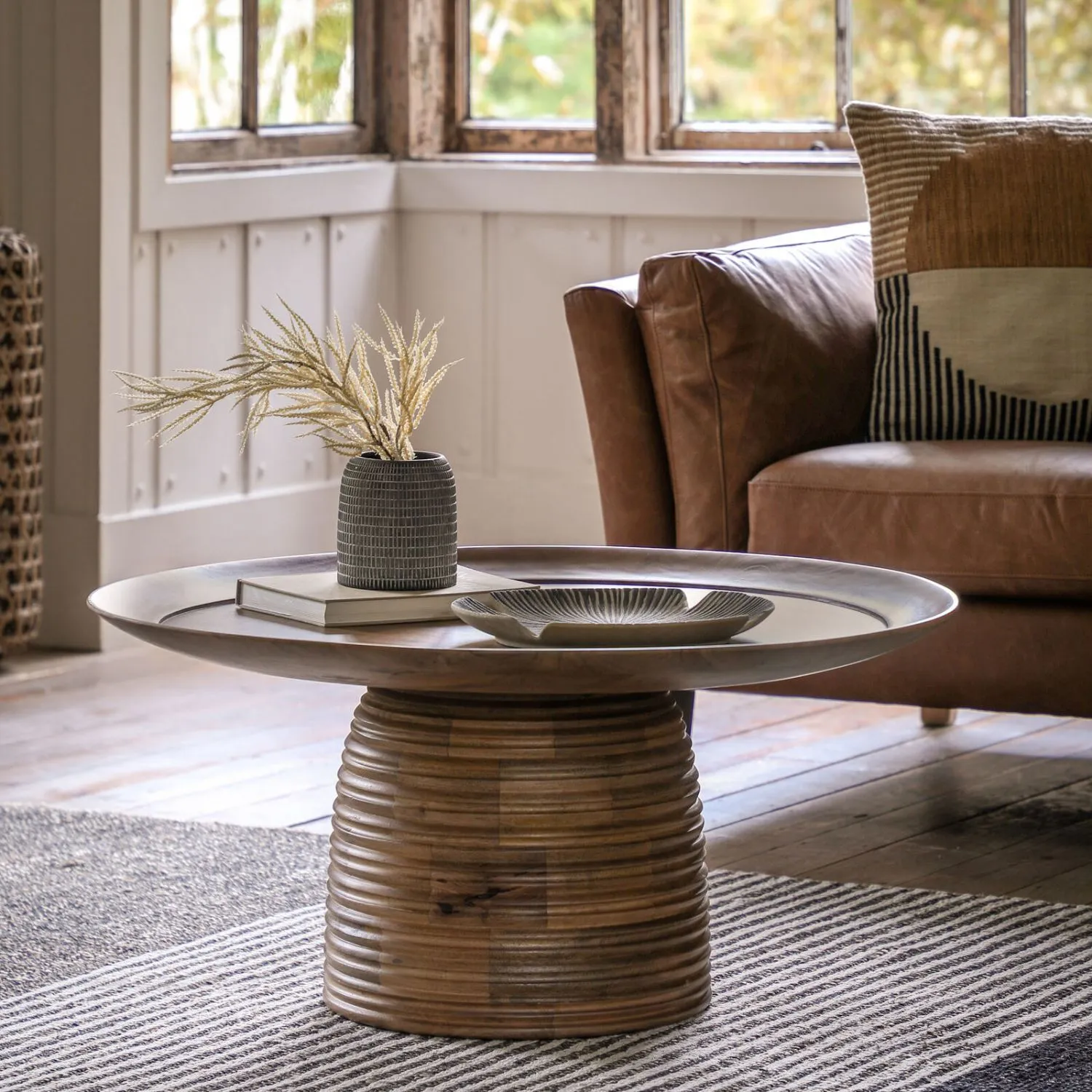 Natural Wood Round Coffee Table Overhanging Tray Top