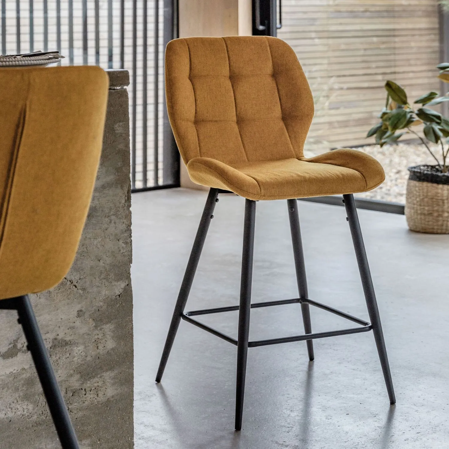 Modern Yellow Fabric Curved Bar Stool