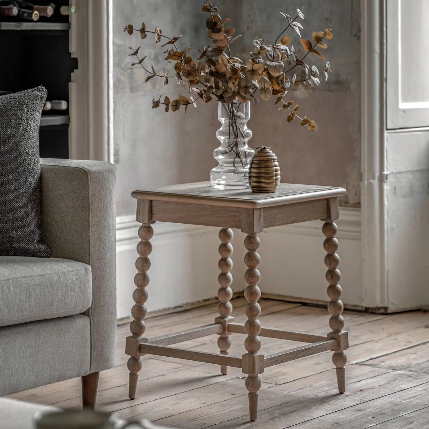 Natural Oak Square Side Lamp Table Turned Bobbin Legs