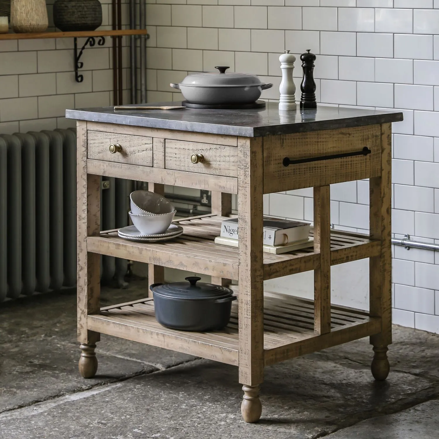 Rustic Natural Wood Marble Top Small 2 Drawer Kitchen Island