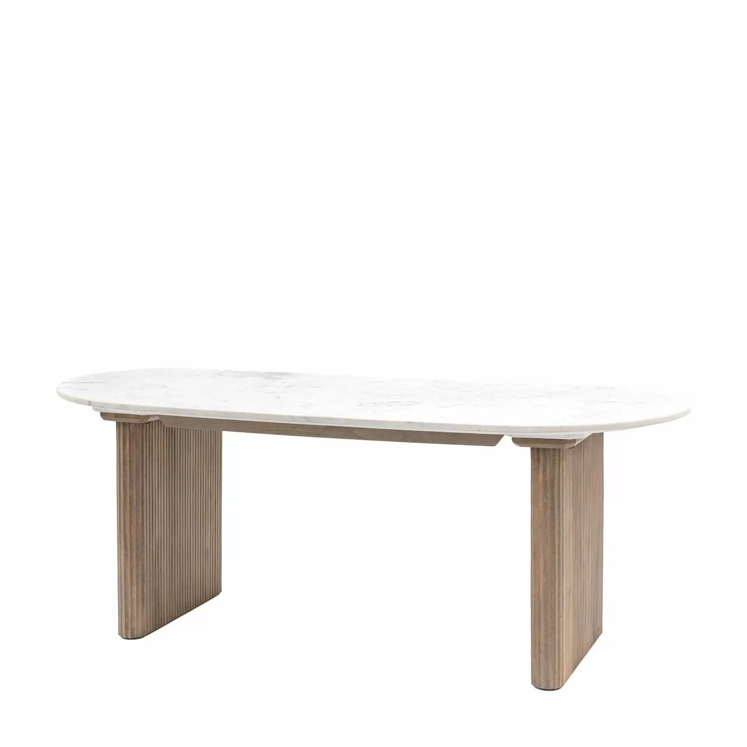 White Marble Top Oval Dining Table Wooden Ribbed Legs